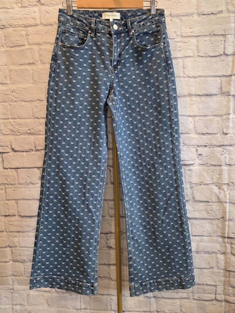 Risen High Rise Bow Pattern Wide Leg Denim Jeans Size 5 Excellent Cond
